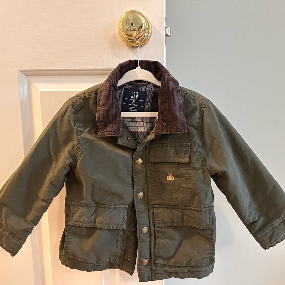 GAP Kids Olive Waxed Barn Jacket with Brown Collar